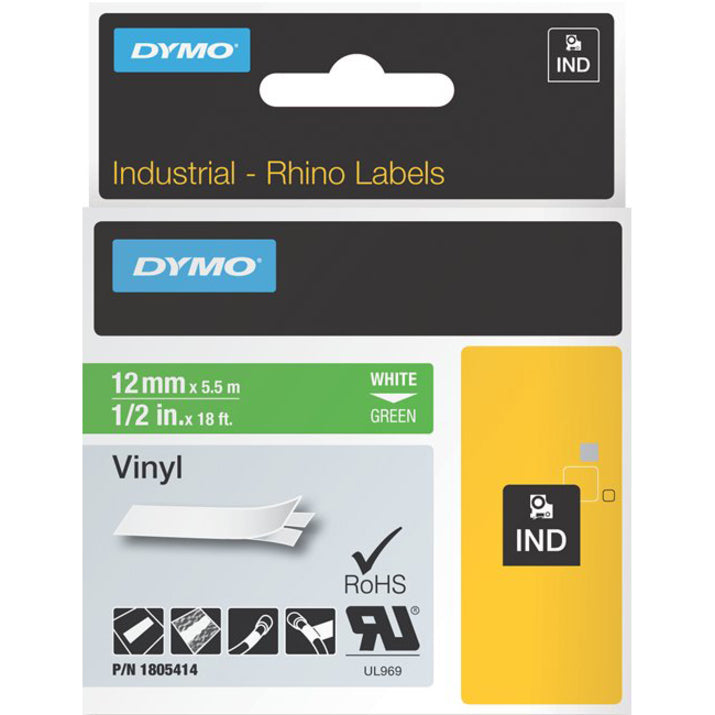 DYMO Industrial Rhino Labels 1805414 white on green vinyl label packaging showing product specifications and compatibility information-alternate-image1