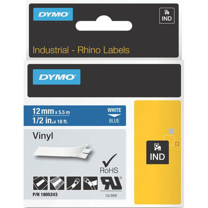 DYMO Industrial Rhino Labels 1805243 white on blue vinyl label packaging showing 12mm width and industrial certification symbols-alternate-image1