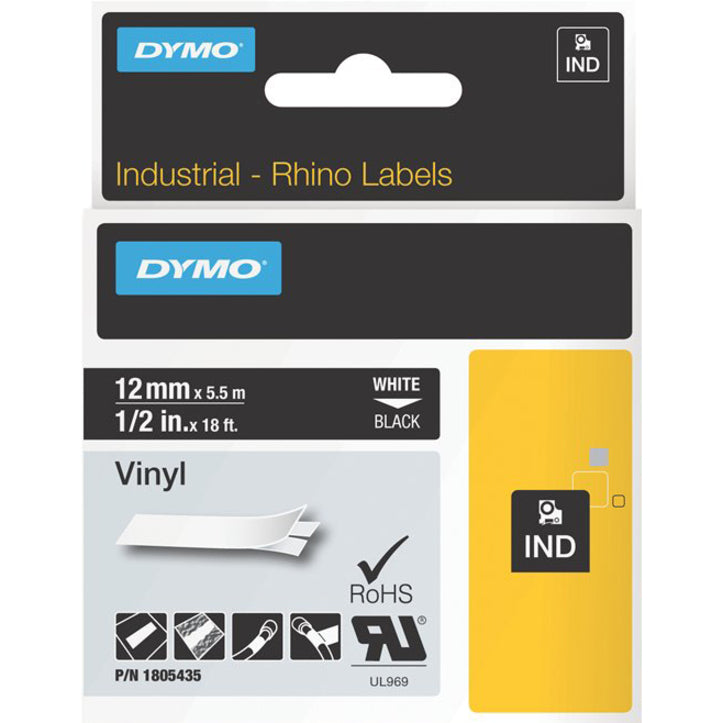 DYMO Industrial Rhino Labels packaging showing 12mm white on black vinyl label specifications and durability certifications-alternate-image1