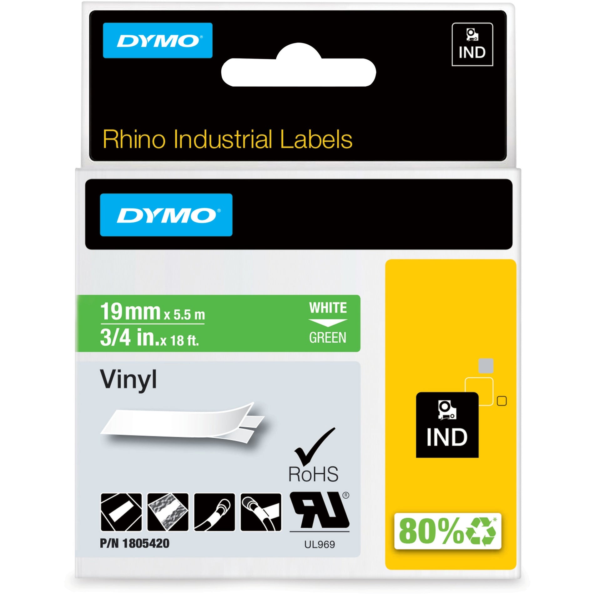 DYMO Rhino Industrial Labels packaging showing 19mm white on green vinyl tape specifications and certifications-alternate-image1