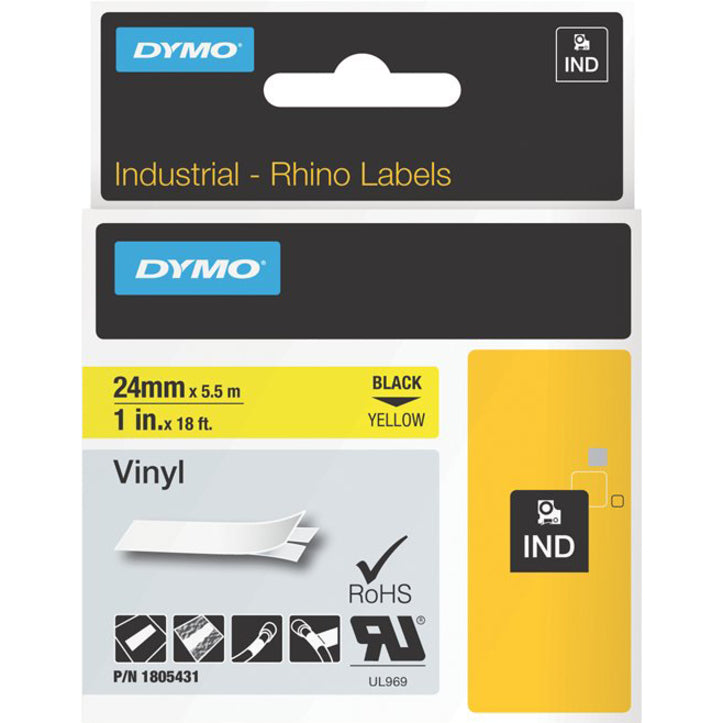 DYMO Industrial Rhino Labels 1805431 black on yellow vinyl label packaging showing 24mm width and industrial certifications-alternate-image1