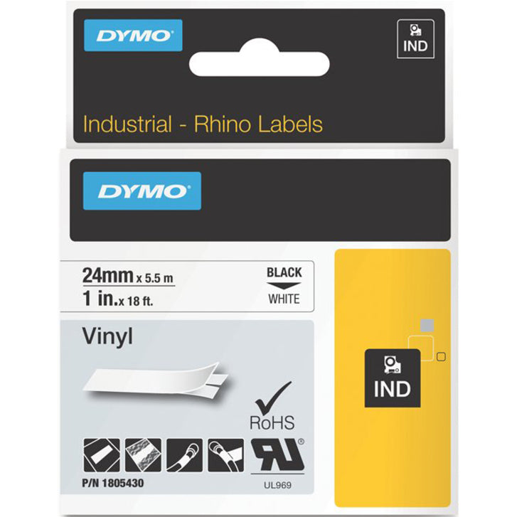 DYMO Industrial Rhino vinyl label tape cartridge showing 24mm x 5.5m dimensions with black on white printing and RoHS certification-alternate-image1