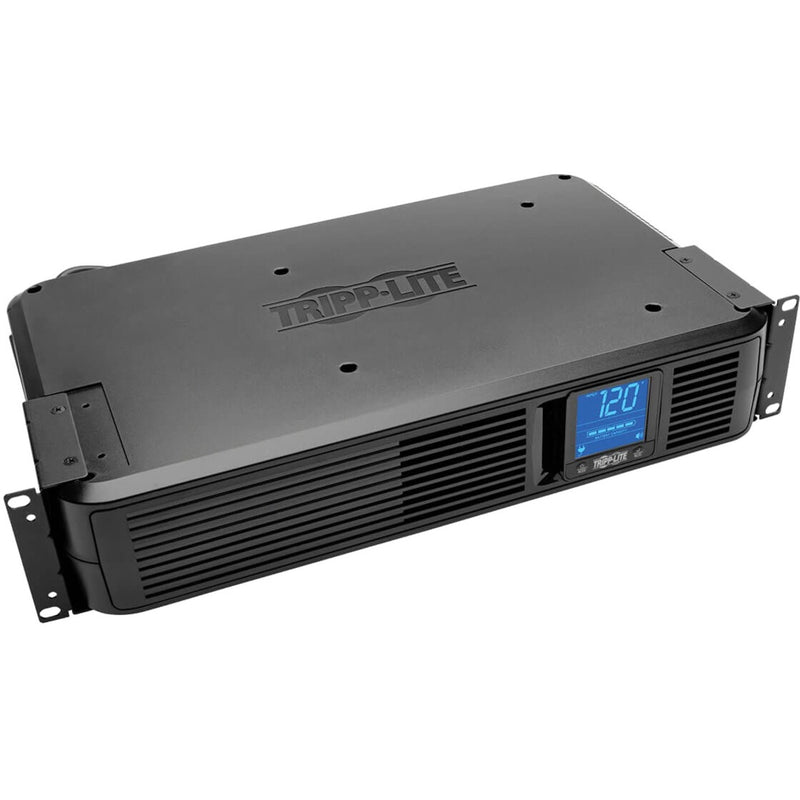 Tripp Lite SMART1500LCDXL UPS system shown in rack mount orientation with LCD display showing power status