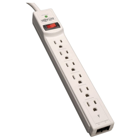 Tripp Lite TLP608TEL 6-outlet surge protector in white with power switch, LED indicator, and dual RJ11 jacks