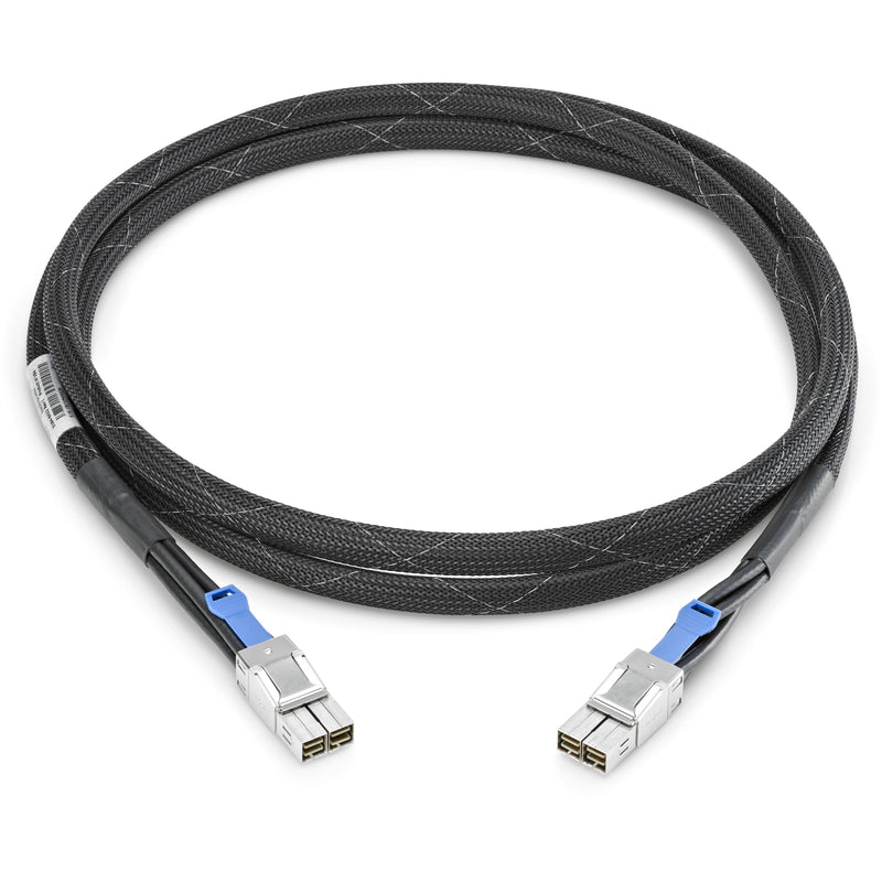 HPE 3800 1-meter stacking cable with braided black jacket and blue-tabbed metal connectors