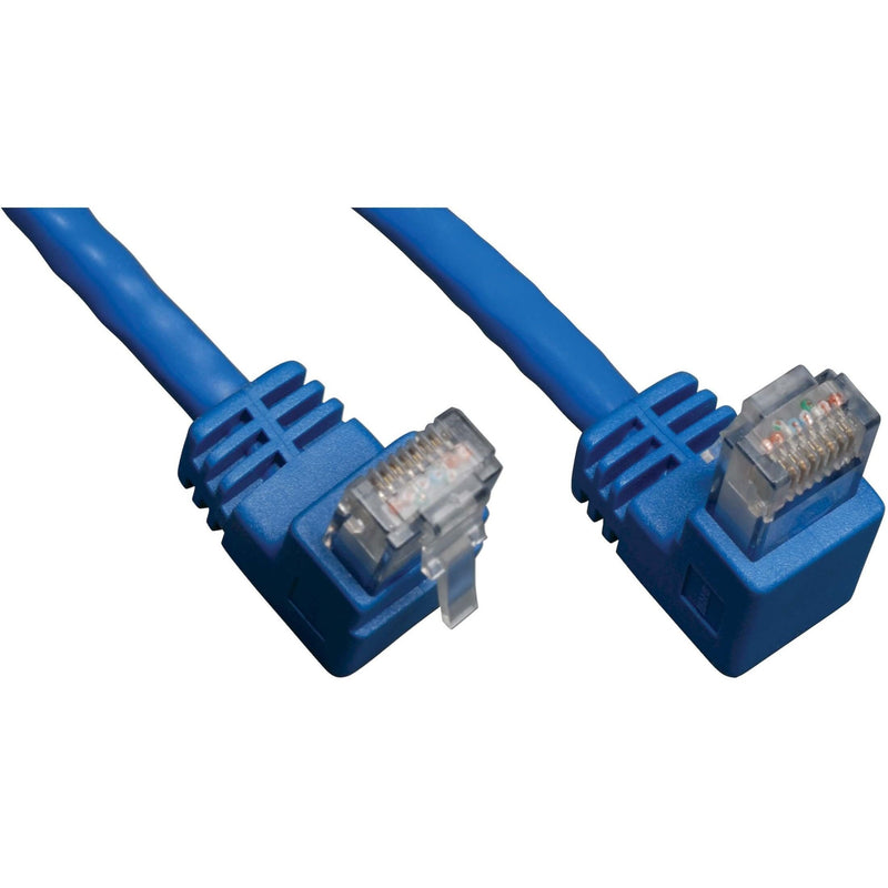 Close-up view of blue Cat6 patch cable with right-angle RJ-45 connectors showing molded strain relief