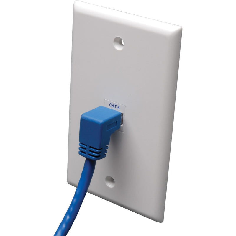 Right-angle Cat6 cable connected to white wall plate showing space-saving design