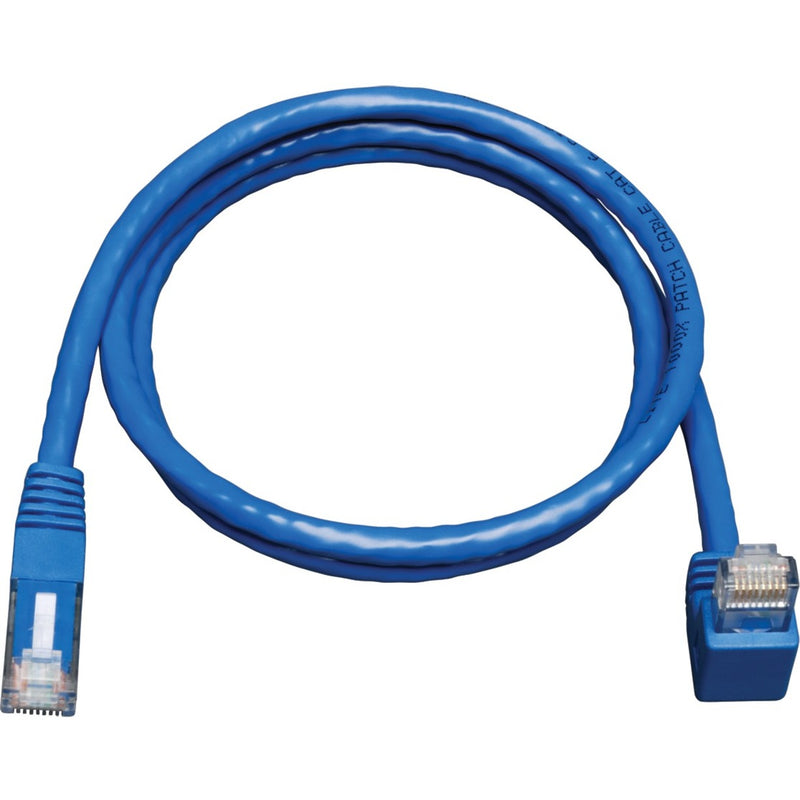 Full view of 3-foot blue Cat6 patch cable with right-angle connectors showing cable flexibility