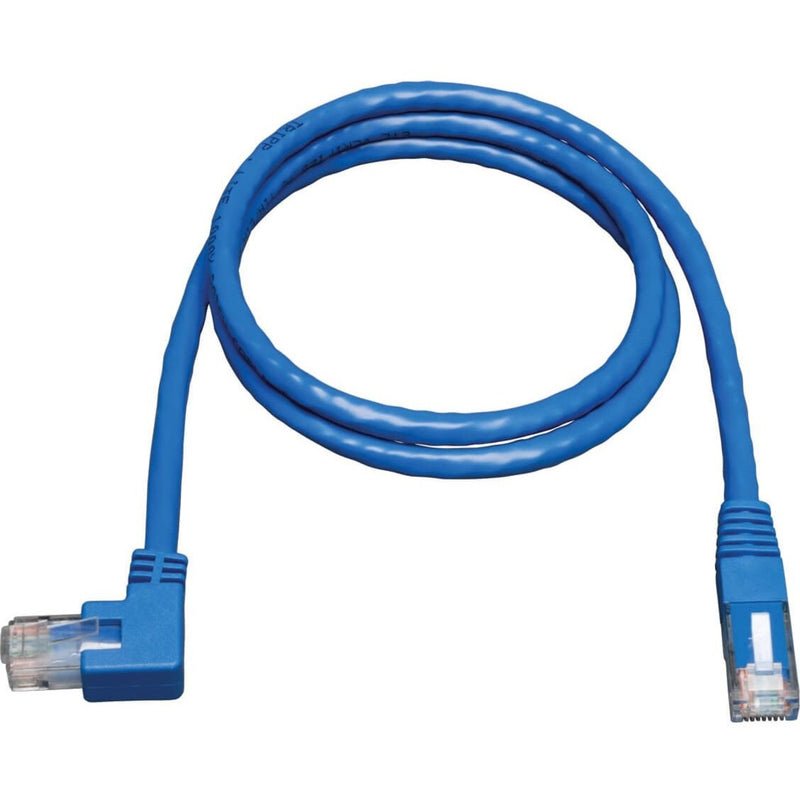 Full length view of 3-foot blue Cat6 patch cable with left-angled connectors