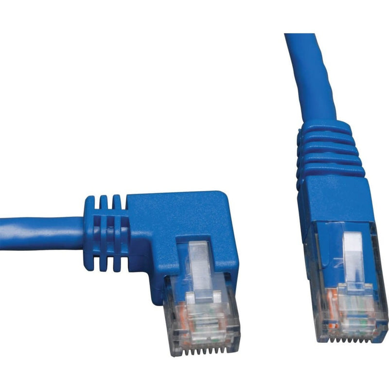 Close-up view of blue Cat6 patch cable showing left-angled RJ-45 connector and strain relief design