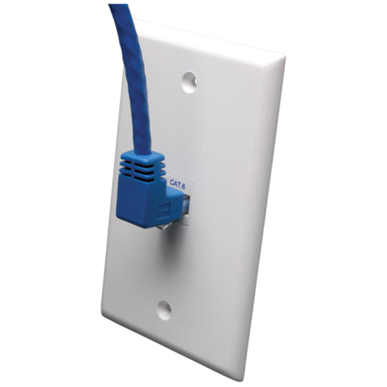 Side view of Tripp Lite Cat6 cable's up-angled connector mounted in wall plate showing space-efficient design