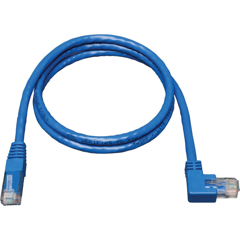 Blue Cat6 patch cable with left-angled RJ-45 connector and straight connector showing ETL verification text