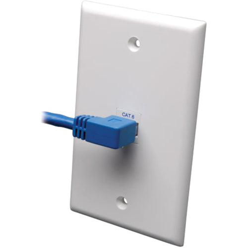 Profile view of left-angled Cat6 connector mounted on wall plate showing minimal protrusion