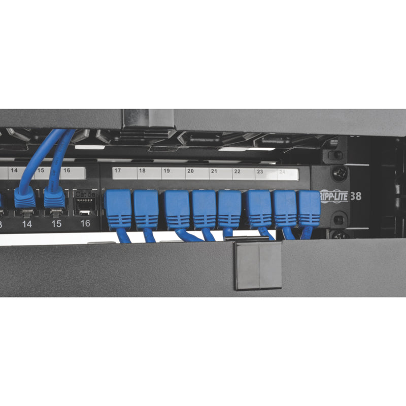 Multiple blue Cat6 cables with down-angled connectors installed in network patch panel