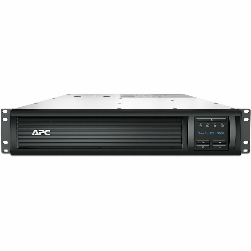 Front view of APC SMT3000RMT2U Smart-UPS 3000VA rack-mount UPS showing LCD display panel and ventilated front panel