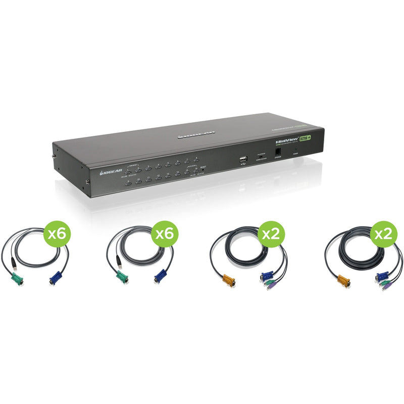 IOGEAR 16-port KVM switch with included USB and PS/2 cable kit showing multiple connection options