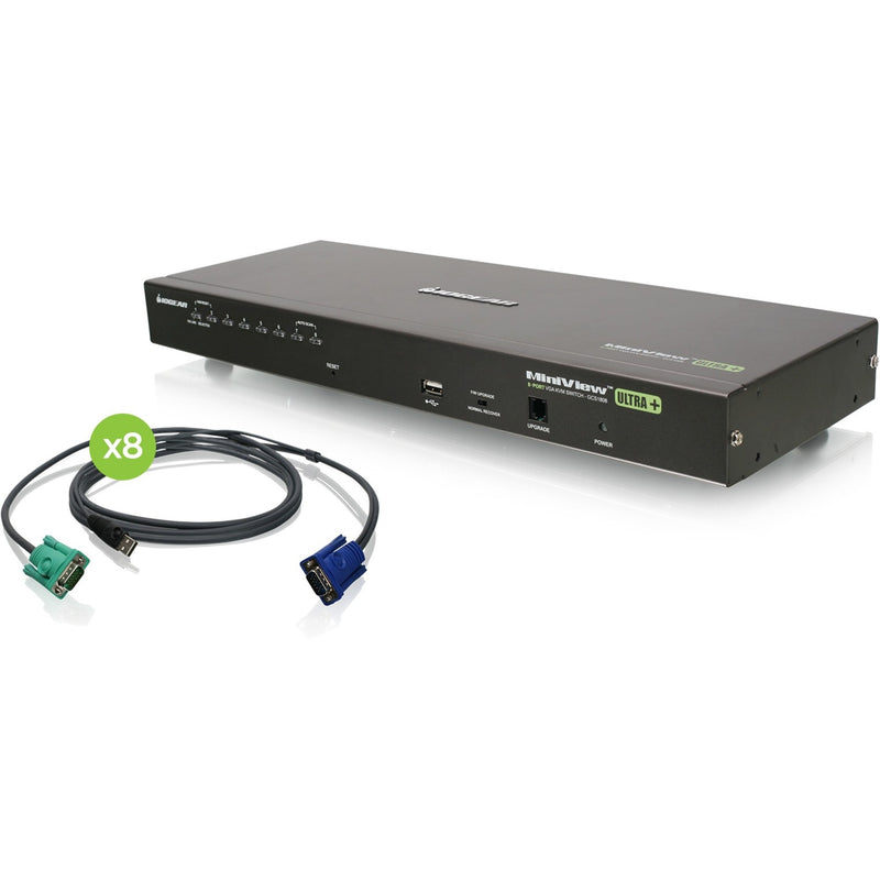 IOGEAR 8-port KVM switch with bundled USB KVM cables showing front panel interface and connections