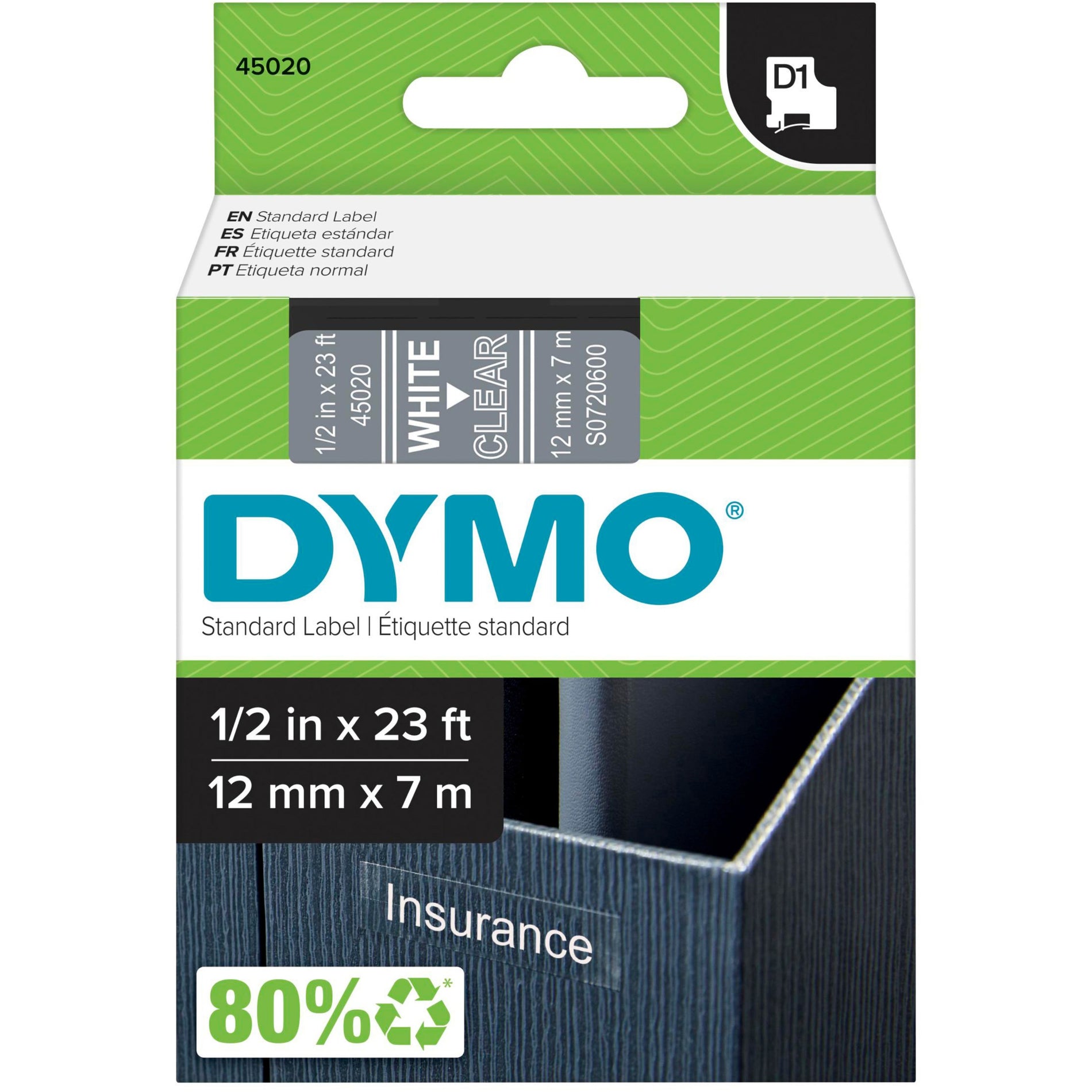 Dymo 45020 D1 Electronic Tape Cartridge, 1/2"x23' Size, White/Clear