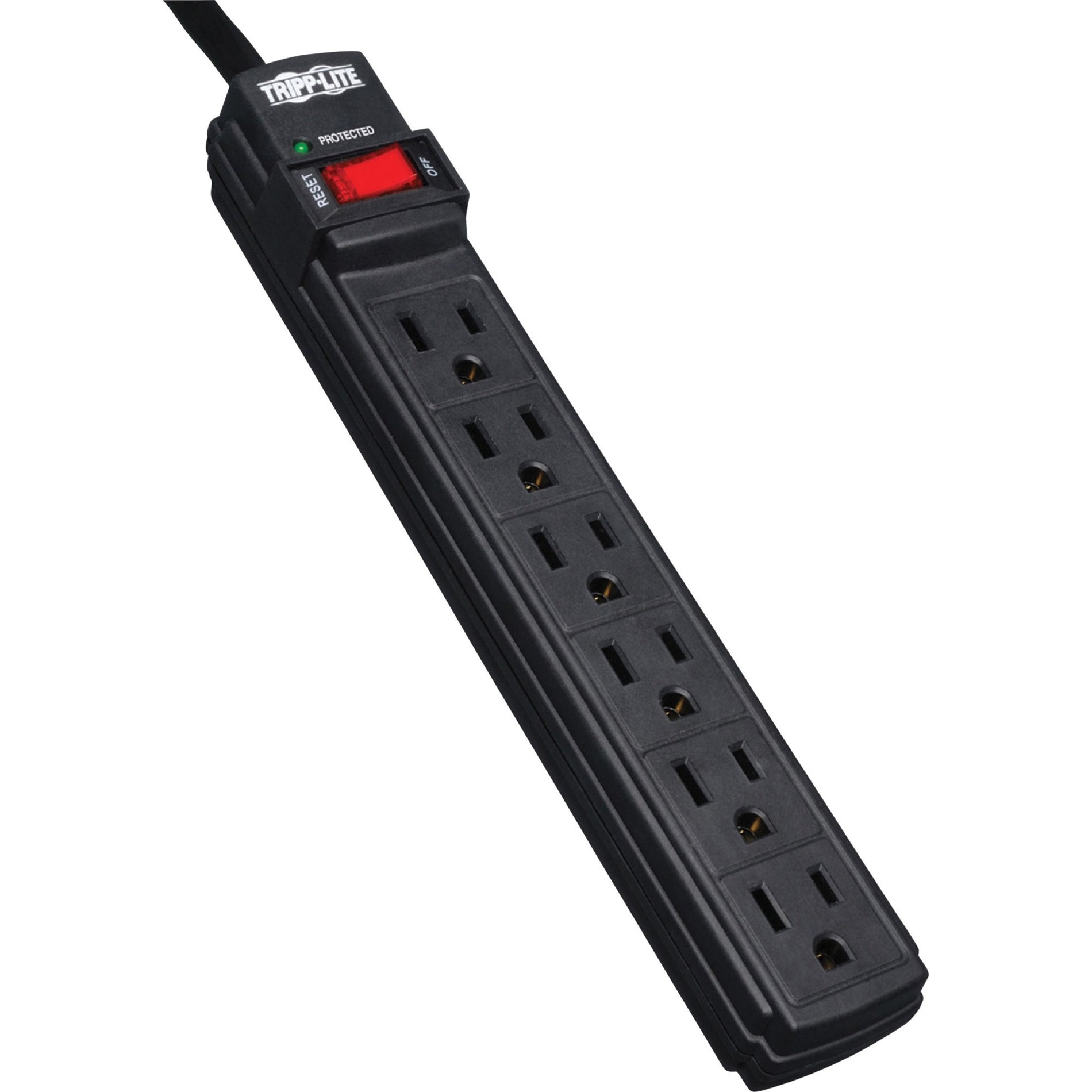 Front view of Tripp Lite TLP6B surge protector showing six outlets and illuminated power switch-alternate-image1