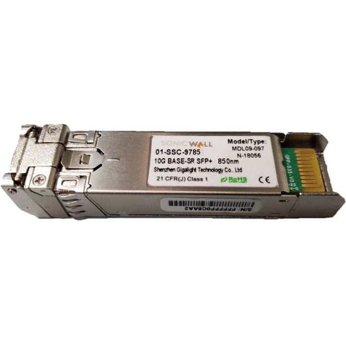 SonicWall 01-SSC-9785 10GBASE-SR SFP+ transceiver module with metal housing and integrated circuit board