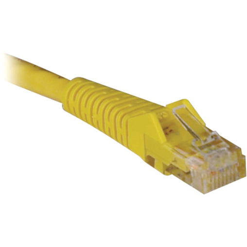 Detailed side view of yellow Cat6 ethernet cable connector showing strain relief boot and RJ-45 termination