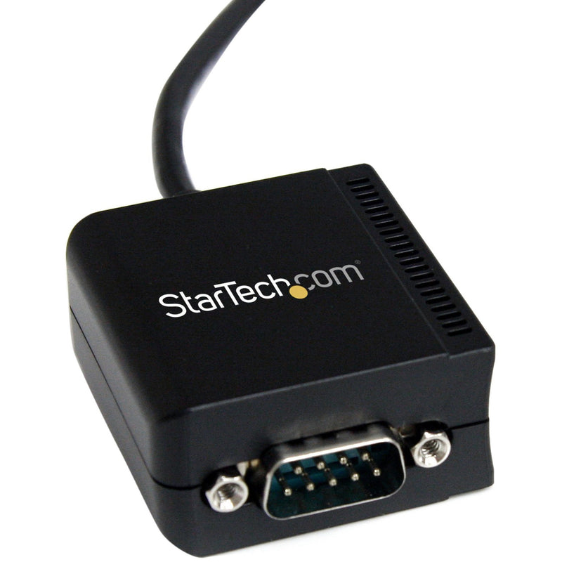 Close-up view of StarTech.com USB to serial adapter housing showing DB9 connector and ventilation design