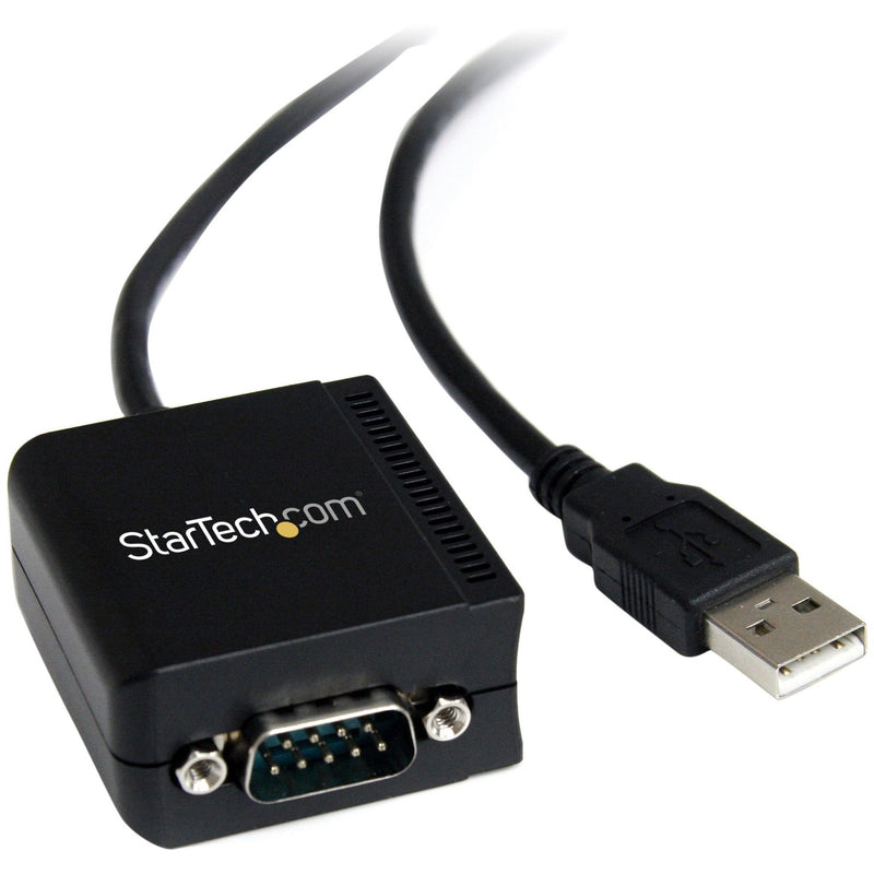 StarTech.com USB to RS232 serial adapter showing USB connector and DB9 interface with optical isolation housing