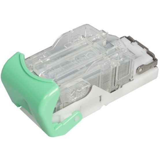 Ricoh Type T staple cartridge with transparent housing and mint green end cap showing internal staple arrangement