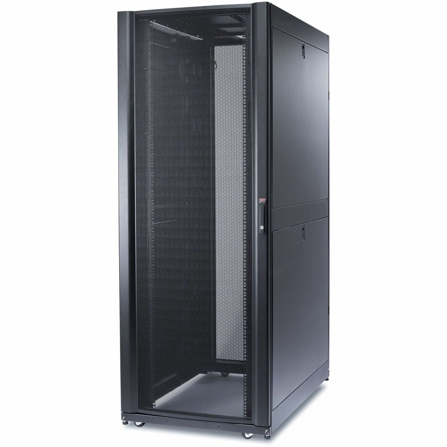 Front view of APC NetShelter SX 45U server rack cabinet with mesh door and black finish-alternate-image1