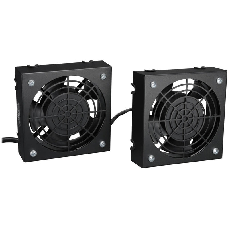 Front view of Tripp Lite SRFANWM dual cooling fan system with protective grilles and mounting hardware