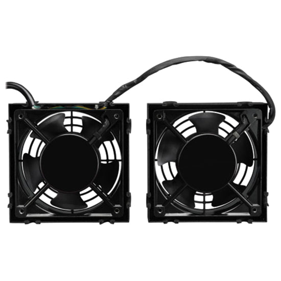 Top view of dual cooling fan system showing symmetrical design and airflow pattern