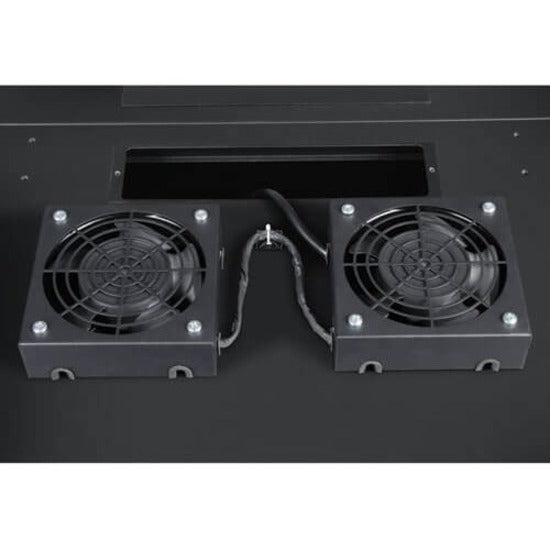 Installation view of cooling fans mounted in server cabinet showing integration