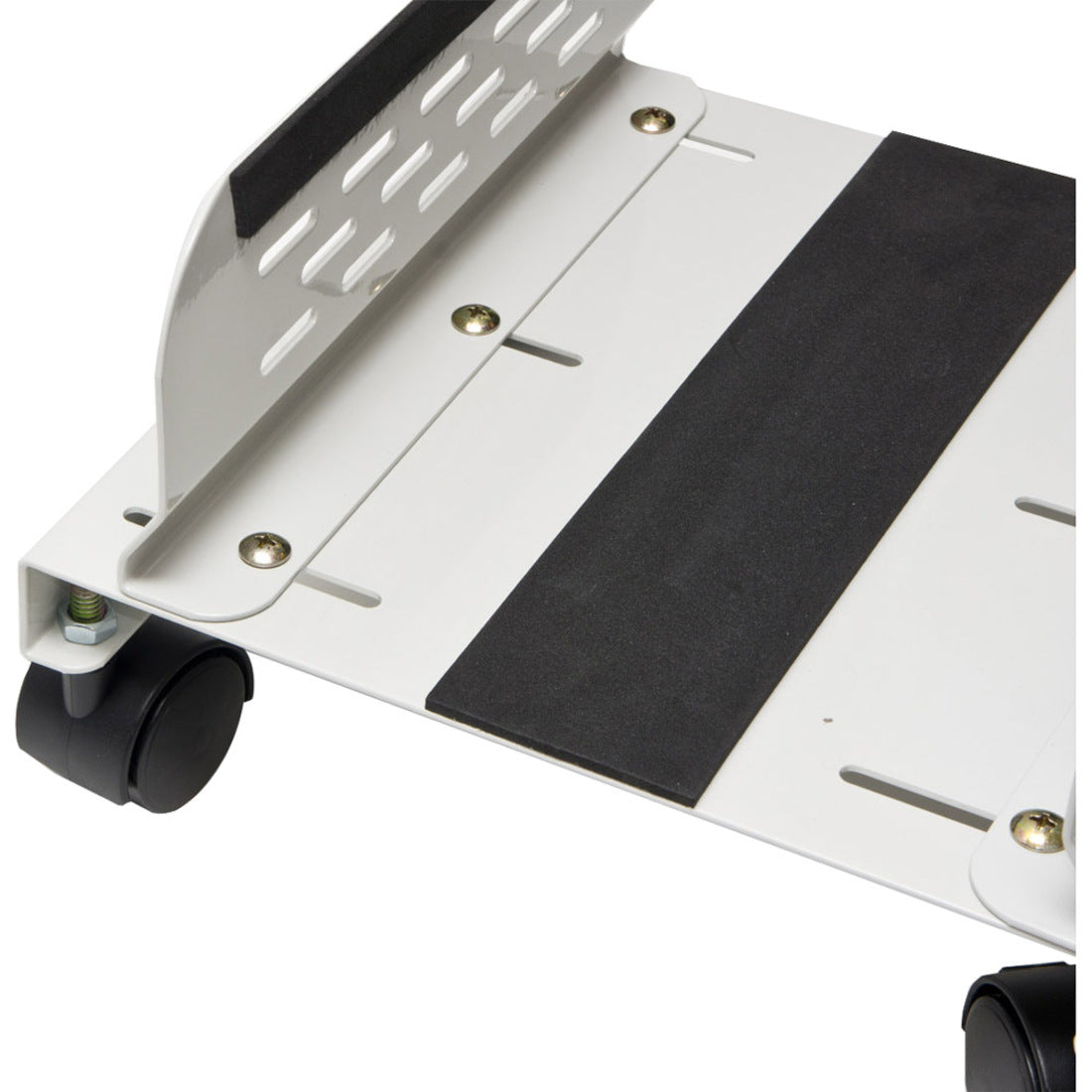 Close-up view of PC stand's construction details including mounting screws and ventilation design-alternate-image7