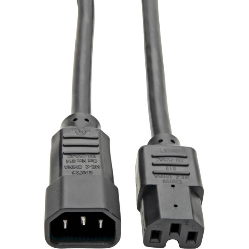 Close-up view of C14 and C15 connectors on Tripp Lite power cord showing detailed connector construction