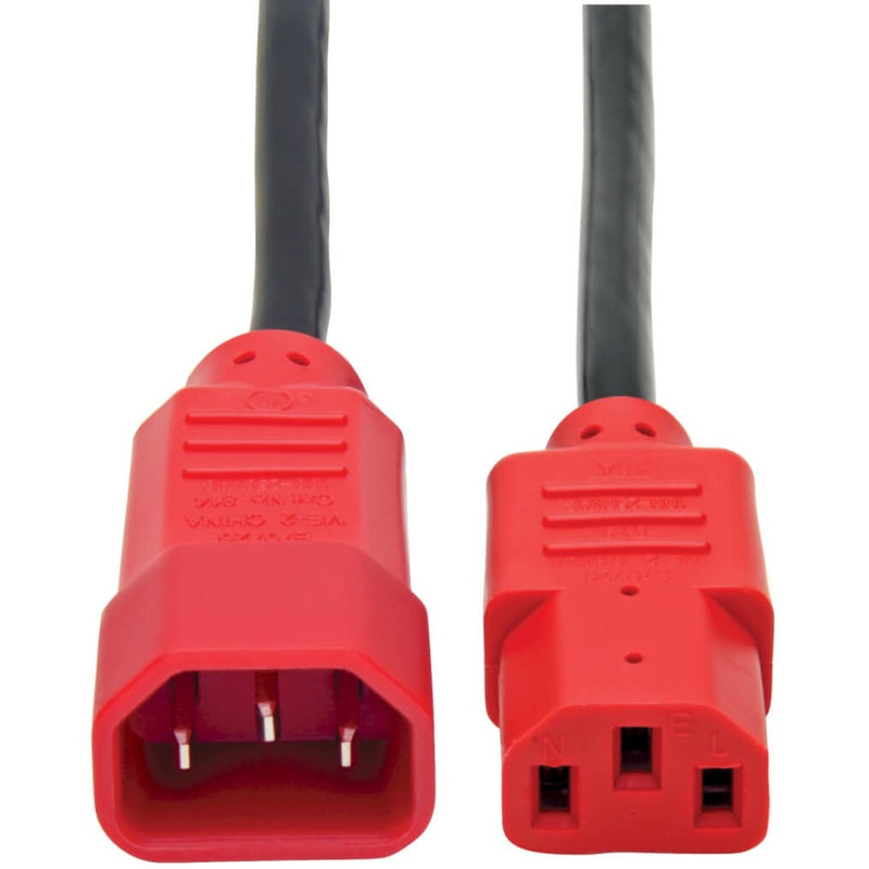 Close-up view of red C13 and C14 power connectors with black cable showing connector pin configuration