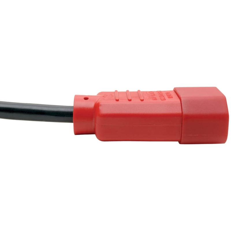 Detailed side view of red power connector showing ergonomic design and strain relief