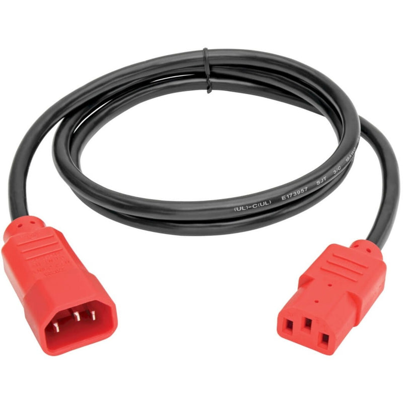 Full length view of 4-foot red-tipped power cord showing cable flexibility and connector orientation