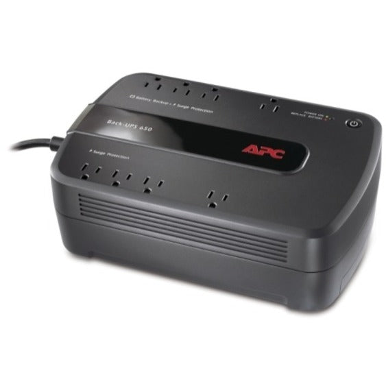 Front view of APC BE650G1-LM UPS showing multiple power outlets and control interface