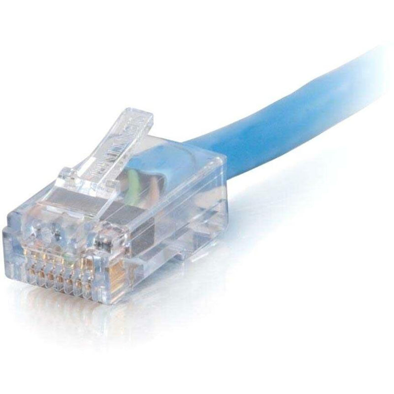 Close-up view of transparent RJ-45 connector with gold contacts on blue Cat6 network cable