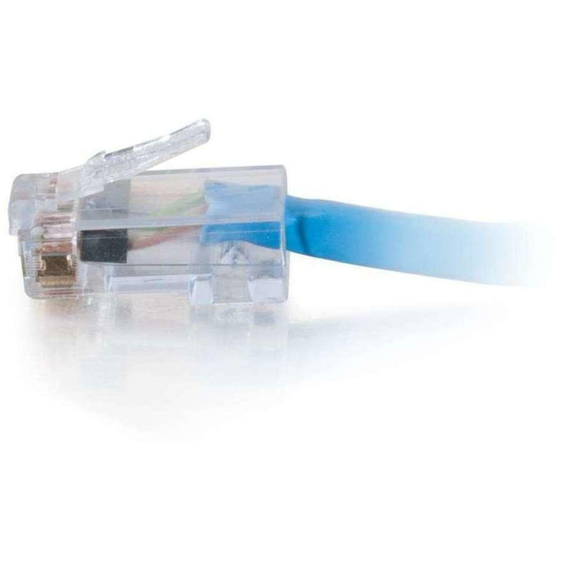 Side view of RJ-45 connector showing internal construction and blue cable jacket