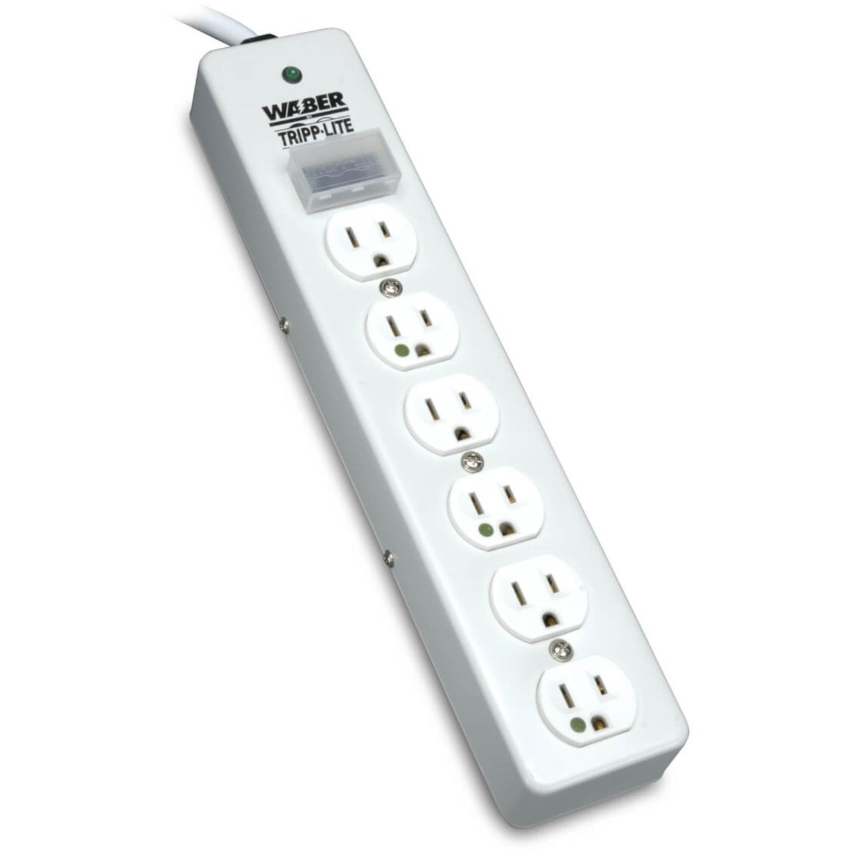 Front view of Tripp Lite SPS610HGRA surge suppressor showing six white hospital-grade outlets in metal housing-alternate-image1