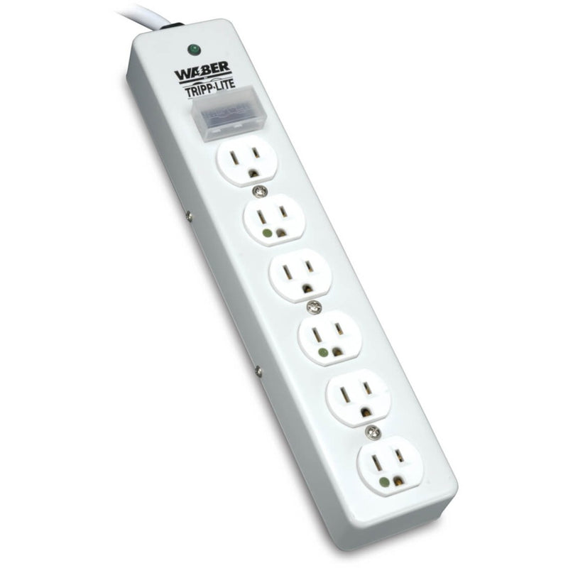 Front view of Tripp Lite SPS610HGRA surge suppressor showing six white hospital-grade outlets in metal housing