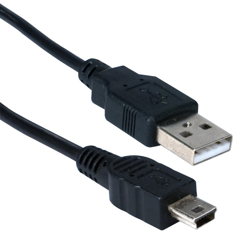 QVS 15ft USB Type-A to Mini-B cable with gold-plated connectors showing both connector ends