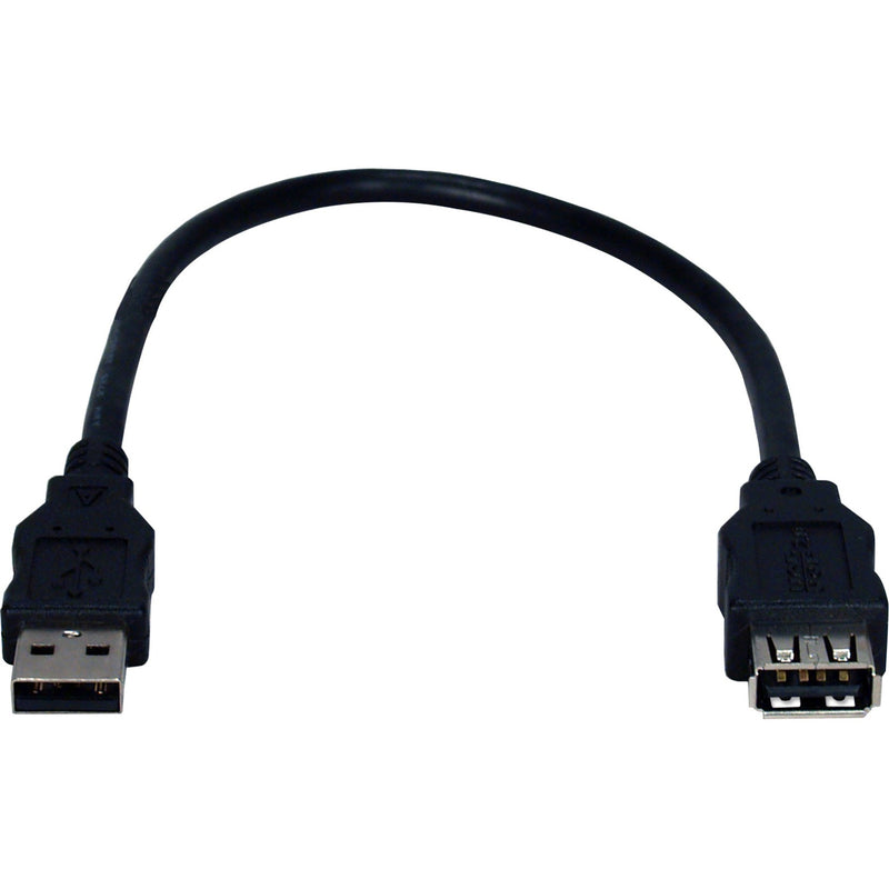 Black USB 2.0 extension cable with male and female Type A connectors, curved design, 1-foot length