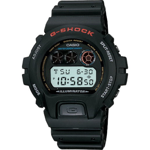 Casio G-SHOCK DW6900-1V digital watch with black resin case, LCD display, three sub-dials, and red G-SHOCK branding-alternate-image1