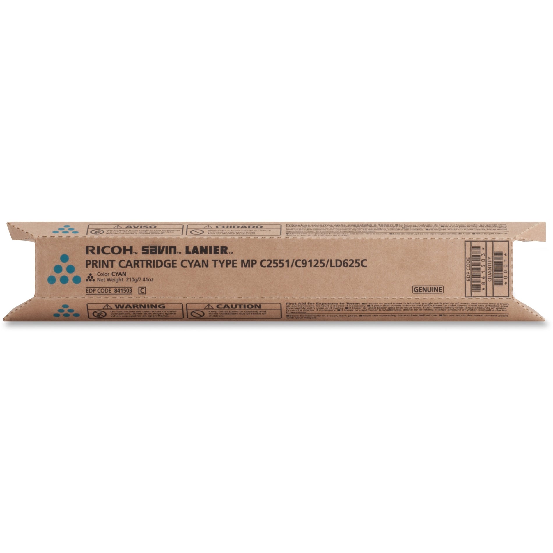 Genuine Ricoh 841503 cyan toner cartridge packaging showing product details and compatibility information-alternate-image1