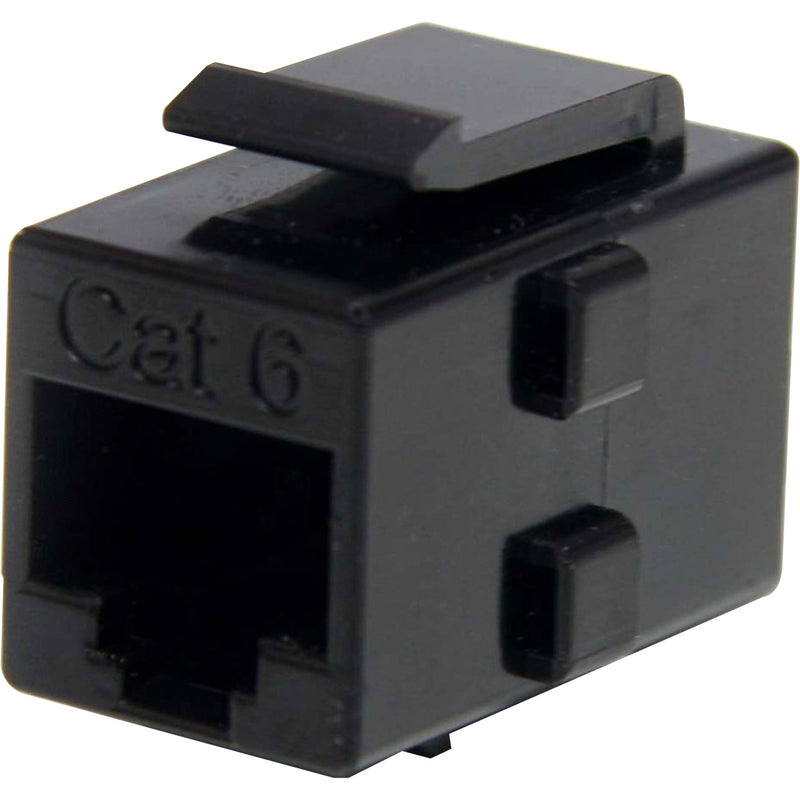 Close-up side view of black Cat6 RJ45 keystone jack coupler showing port and mounting features