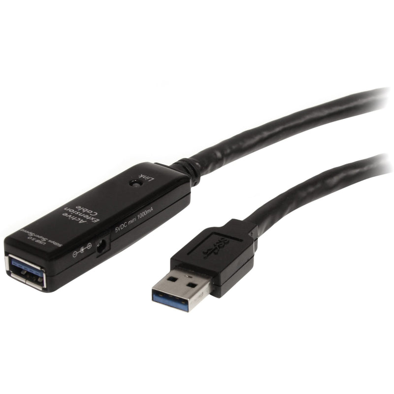 Close-up of StarTech.com USB 3.0 active extension cable showing male connector and active signal booster unit