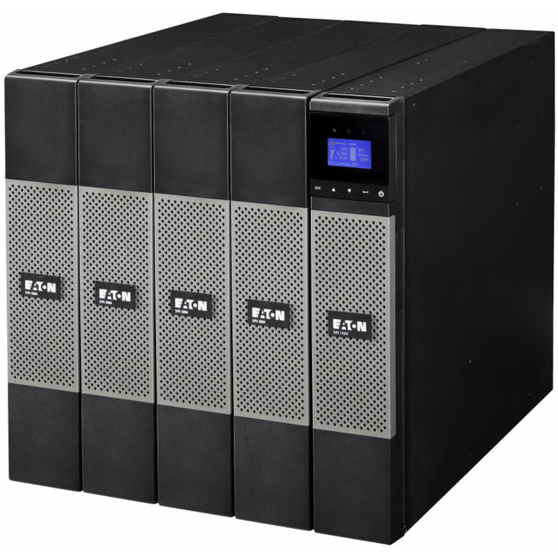 Front view of Eaton 5PX 2200VA UPS showing LCD display screen and perforated ventilation panels