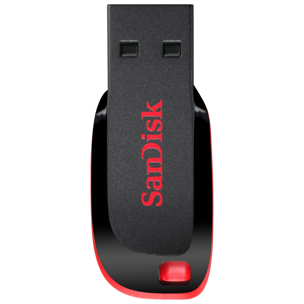 Front view of SanDisk Cruzer Blade USB flash drive showing USB connector and black housing with red accents-alternate-image1